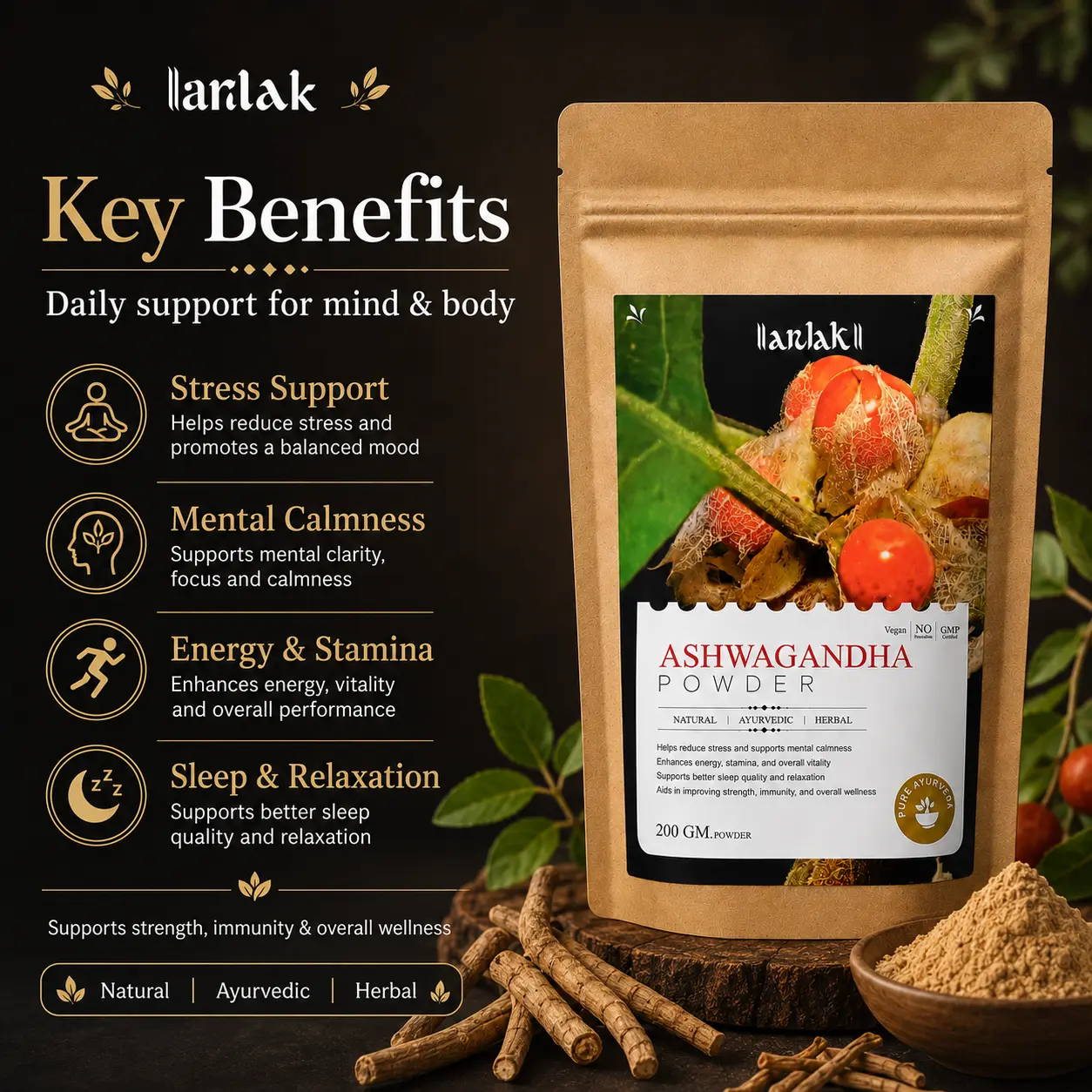 Arlak Ashwagandha Powder — Nature's Trusted Adaptogen for Calm, Strength, and Restful Sleep - Image 2